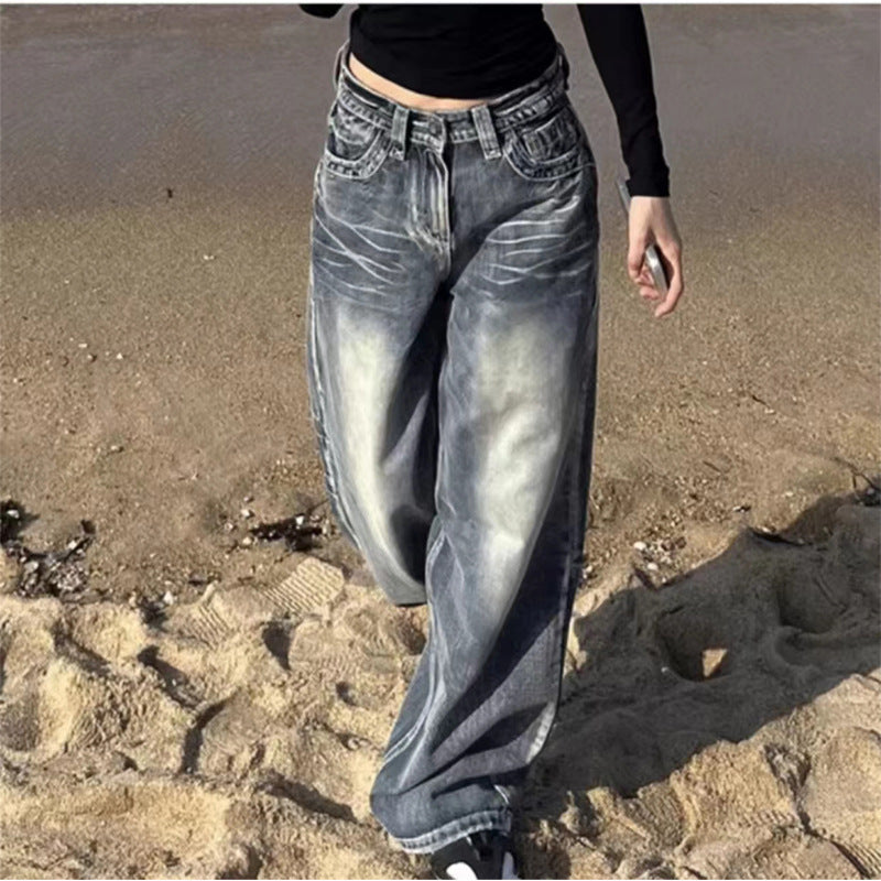 Distressed Straight Wide Leg Vintage Blue High Waist Jeans For Women