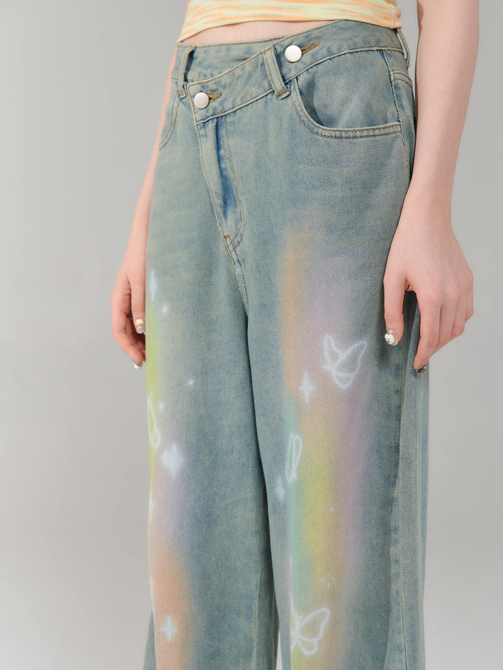 Retro Colorized Butterfly High Waist Wide Leg Straight Jeans