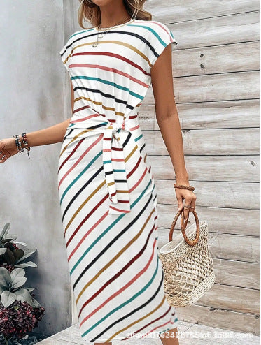 Waist Strap Striped Round Neck Short Sleeve And Long Pattern Dress