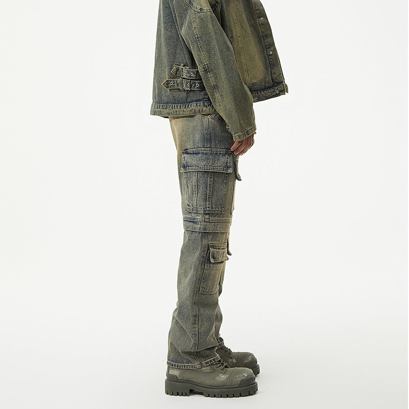Washed Worn Jeans Men's Multi-pocket Loose Trousers