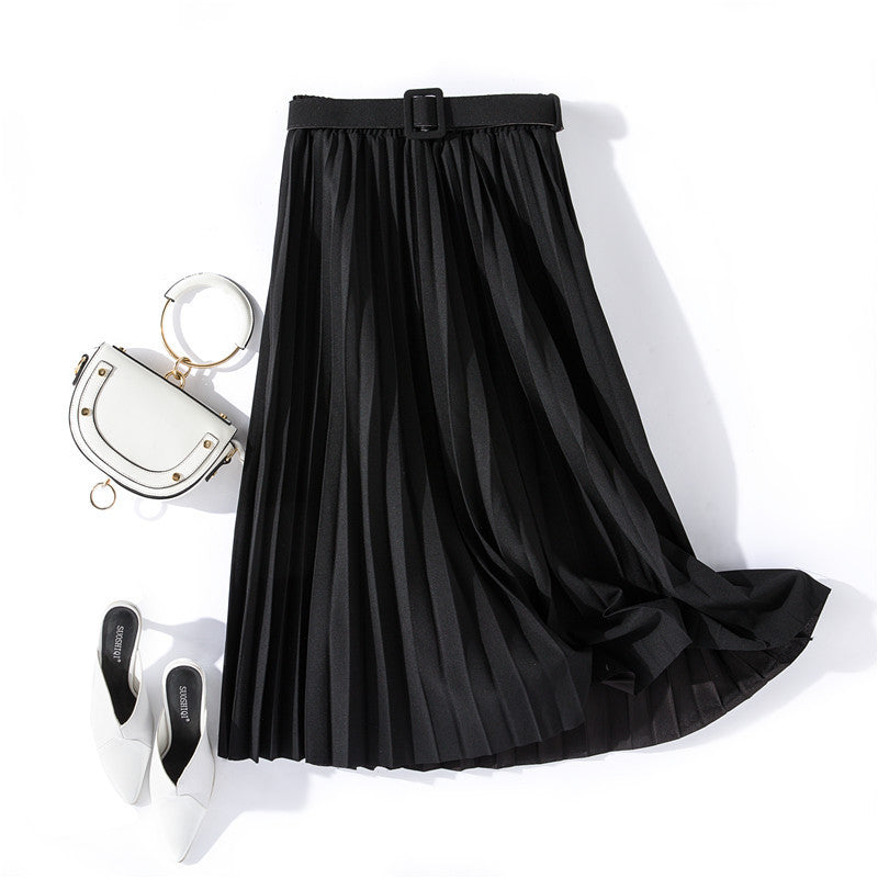 Solid Color Simple Organ Pleated Skirt Mid-length Skirt