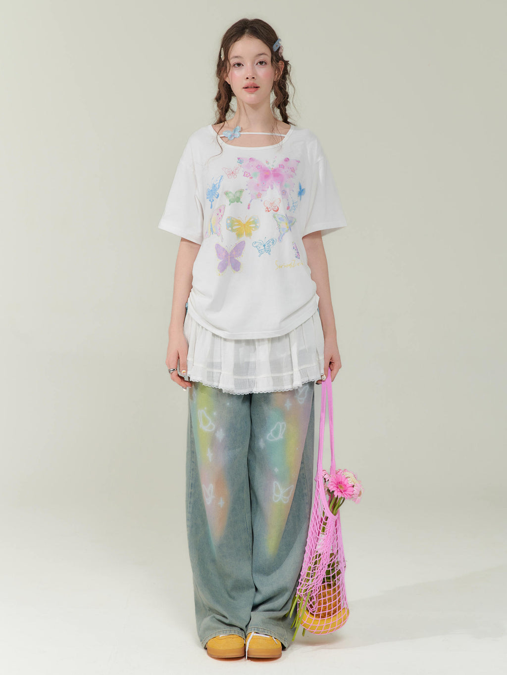 Retro Colorized Butterfly High Waist Wide Leg Straight Jeans