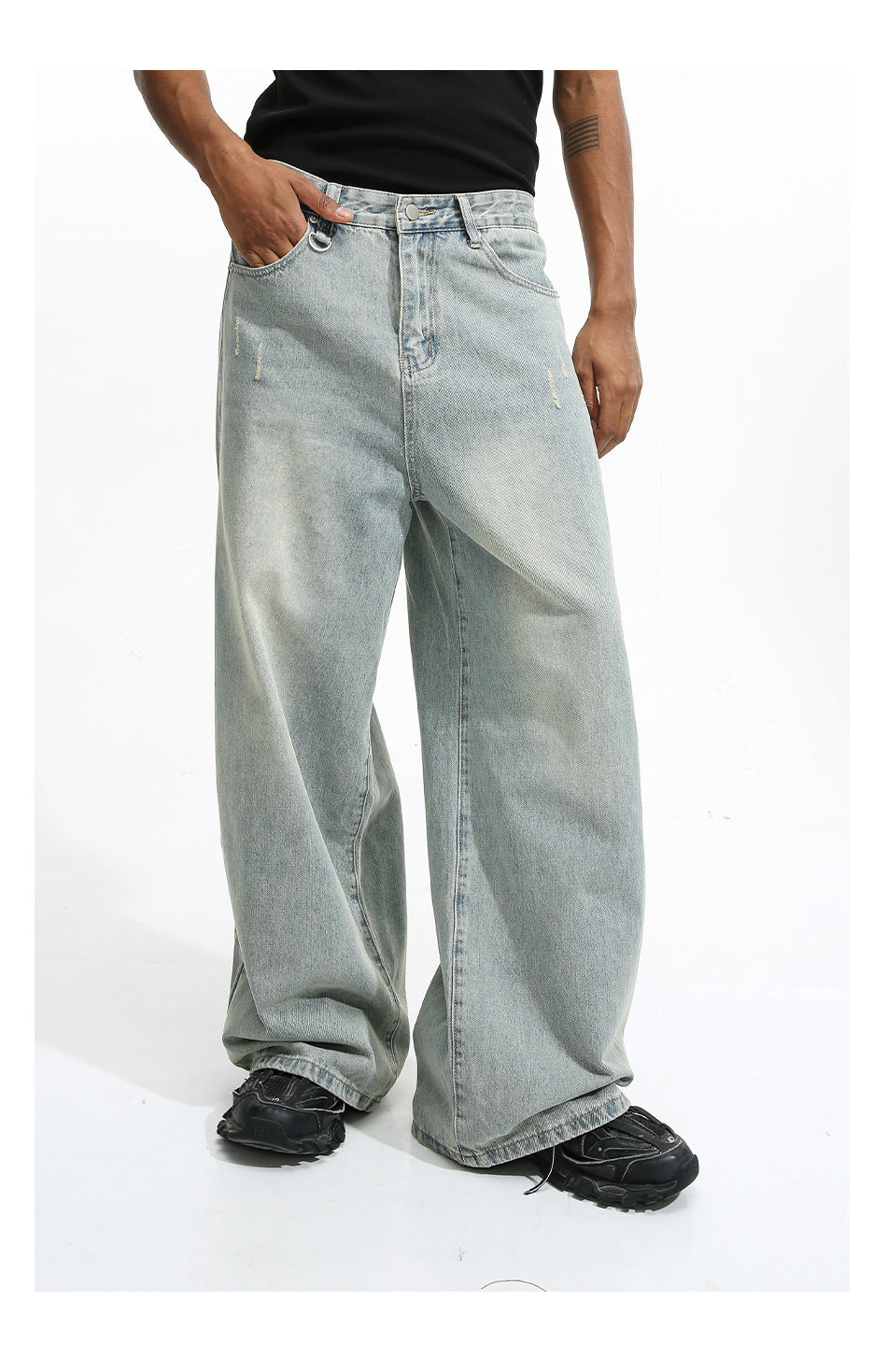 Men's Loose Washed-out Brushed White Blue Denim Coat Trousers