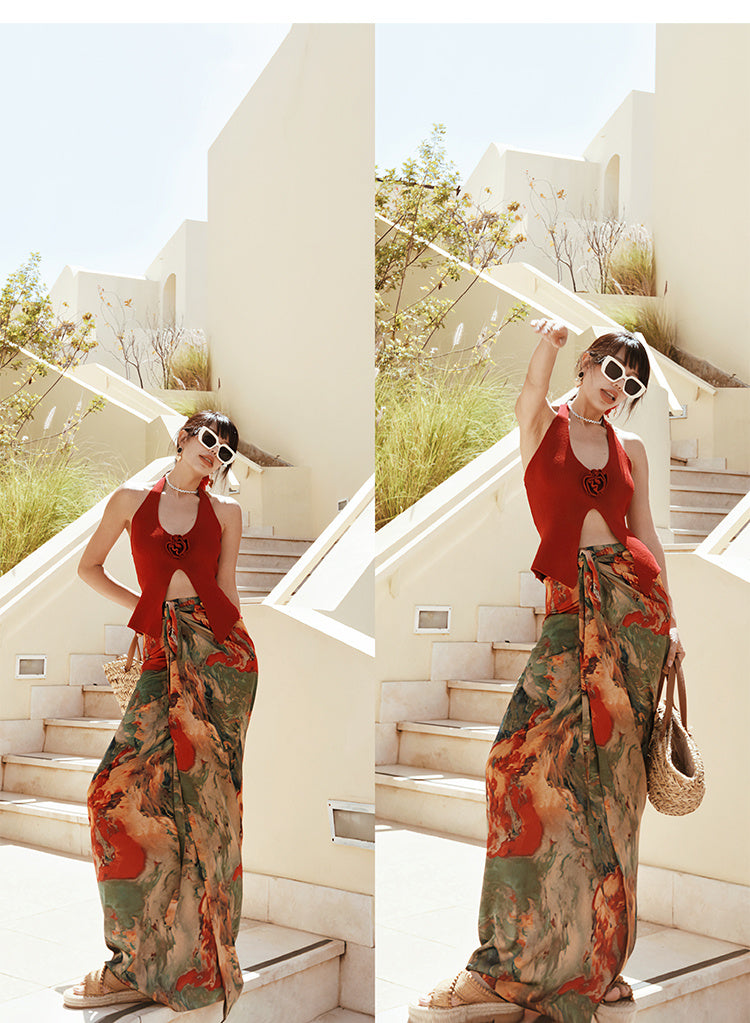 Vacation Style Oil Painting Printed Satin Long Skirt