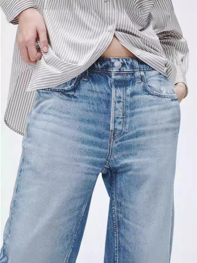 French Style All-matching Slim-fitting Mid-waist Wide Leg Jeans