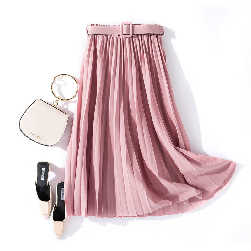 Solid Color Simple Organ Pleated Skirt Mid-length Skirt