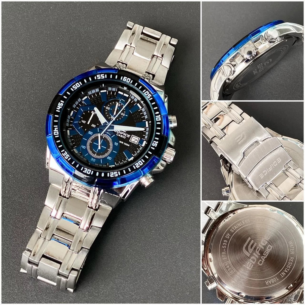 Casio Edifice Silver and Blue Dial Chain Metal Belt Analog Men's Watch