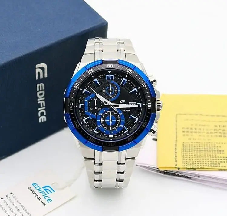 Casio Edifice Silver and Blue Dial Chain Metal Belt Analog Men's Watch