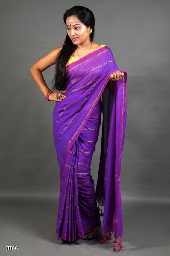 Joyguru Cotton Khadi Handloom Saree with Blouse - Elegant & Durable Purpal