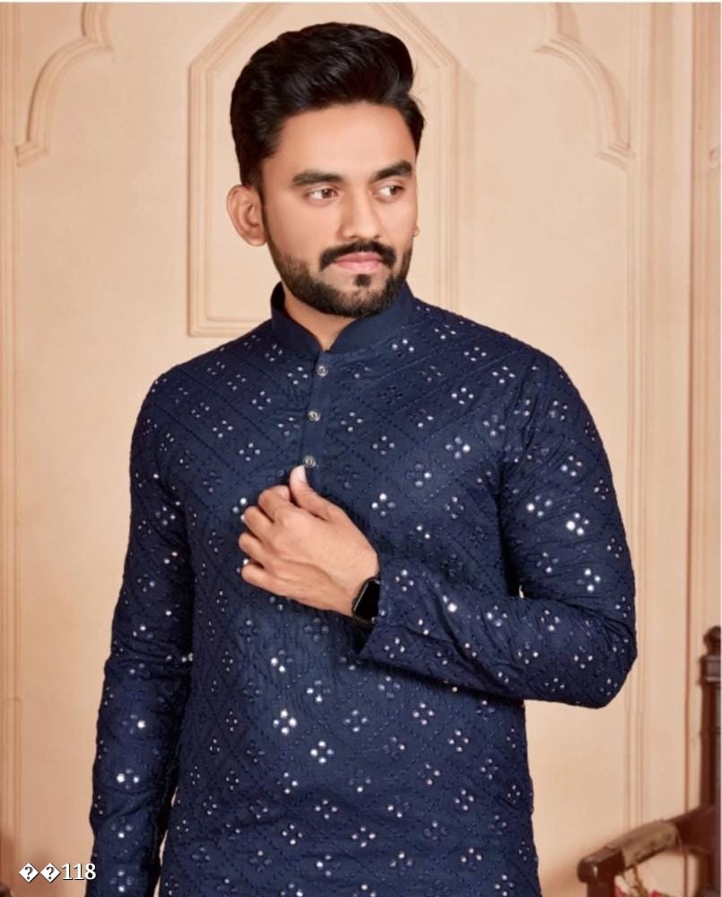 Kurta Pyjama Set for Men | Embroidered Cotton Silk Kurta | Straight Fit Solid