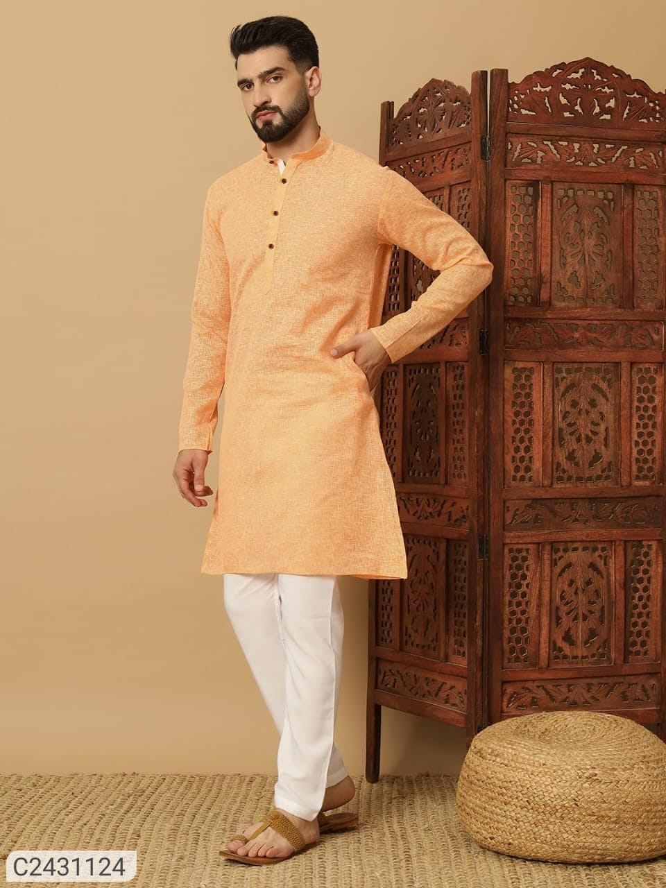 Men's Cotton Solid Kurta Pyjama Set   Orange