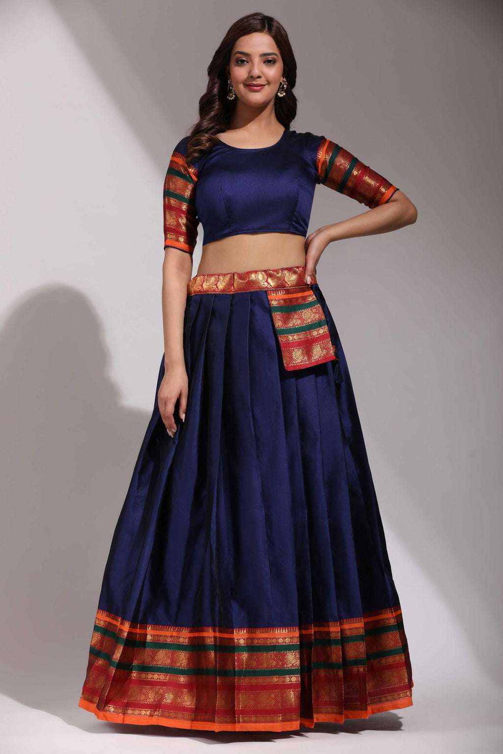 Navy Blue Embroidered Litchi Silk Lehenga