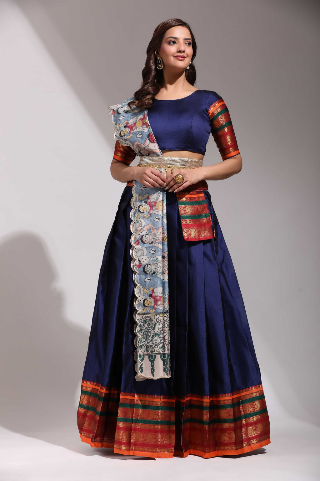 Navy Blue Embroidered Litchi Silk Lehenga