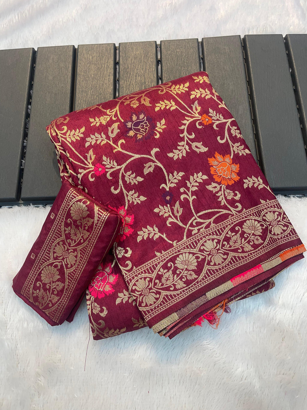 Stunning Gold Zari Weaving Pure Banarasi Khadi Georgette Silk Saree | Perfect for Festivals & Weddings