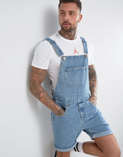 Retro Men's Denim With Hole Shorts One-piece Working Bib Top Pants