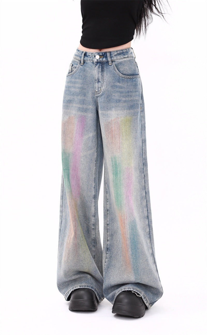 Colorful Fashion Casual Retro High Waist Loose Wide Legs Jeans