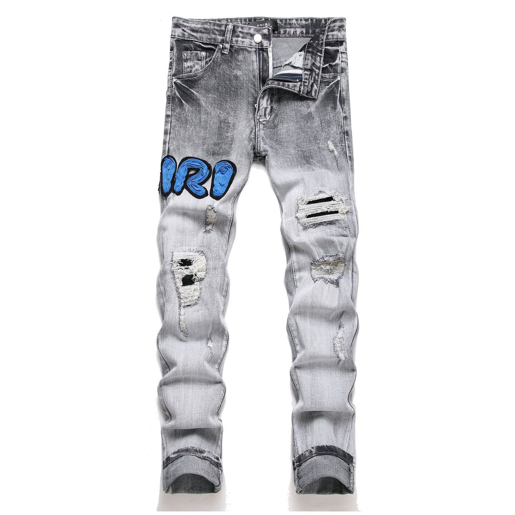 Street Youth Slim Stretch Hole Patch Embroidery Gray party pants