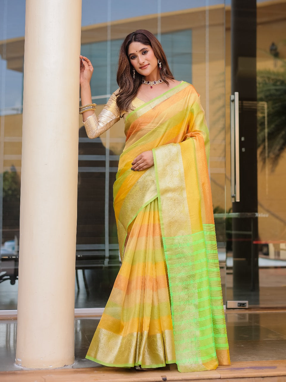 Banarasi Handloom Crush Saree with Pure Gold Zari Work - Elegant & Luxurious Greeny