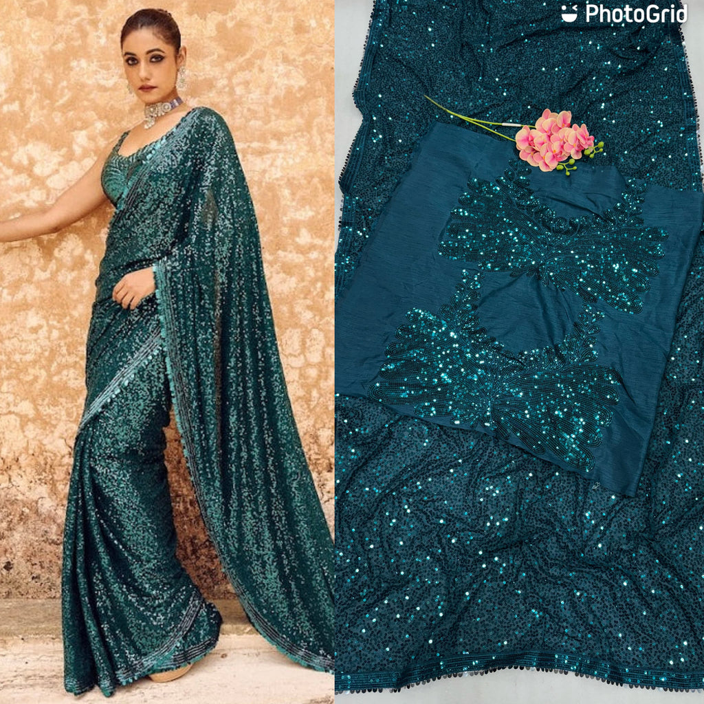 Premium Georgette Saree with Heavy 5mm Sequin Embroidery & Dual Lace Border | Banglori Silk Blouse