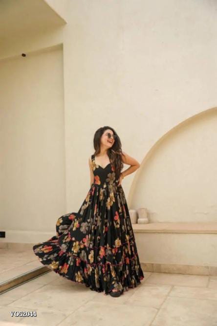 SCnx 1123: Digital Printed Pure Jimmy Organza Silk Anarkali Gown - 7+ Meter Flair | Fully Stitched