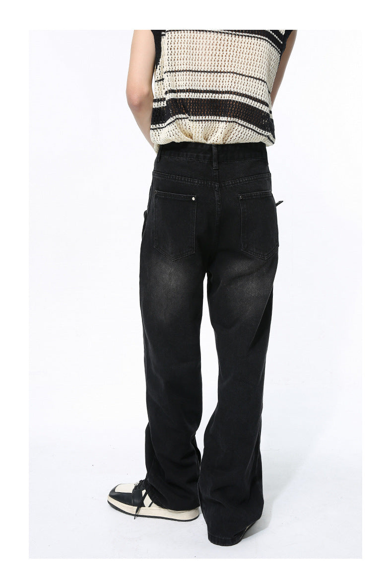 Straight Wide Leg Black Denim Fashionable Trousers