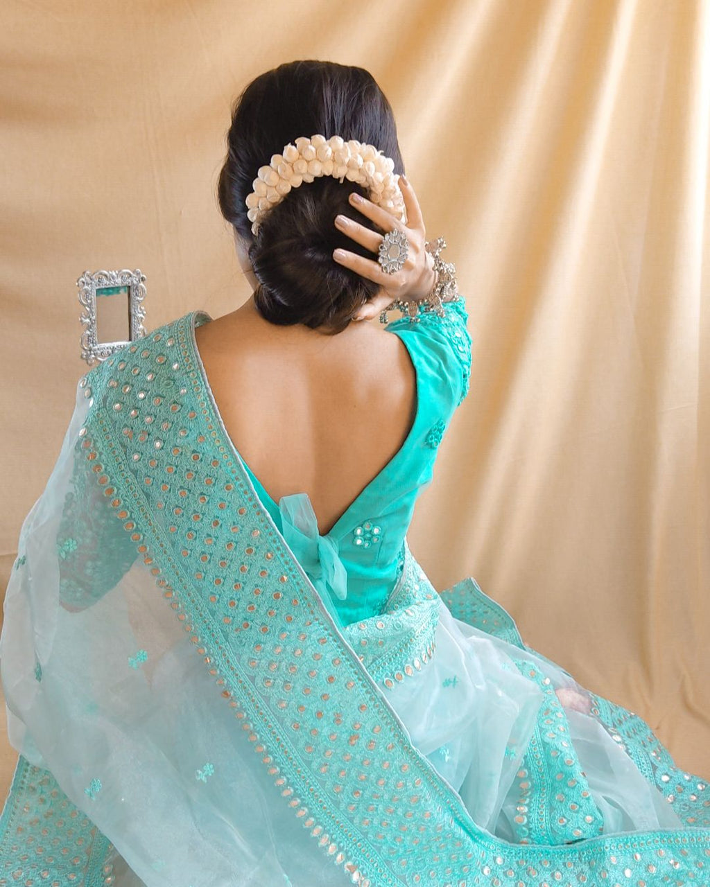 Semi-Pure Organza Saree with Foil Glass Work & Heavy Embroidery | Includes Matching Plain Silk Blouse