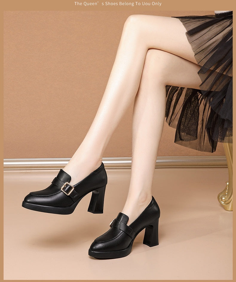 Comfortable European And American Low-cut Fashion Square Buckle British Style High Heels