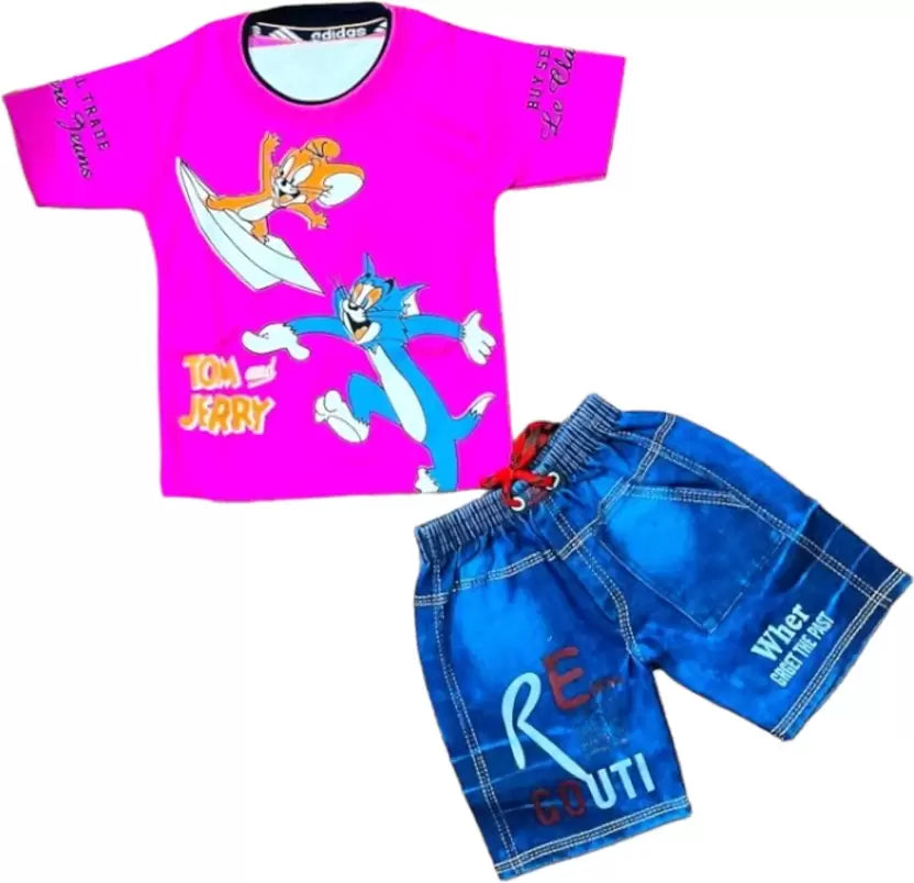 Baby Boys Tom & Jerry Party(Festive) T-shirt Shorts  (pink)