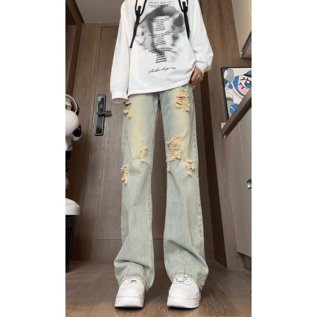 American Vibe Style Retro Wide Leg Jeans Ripped  Sense