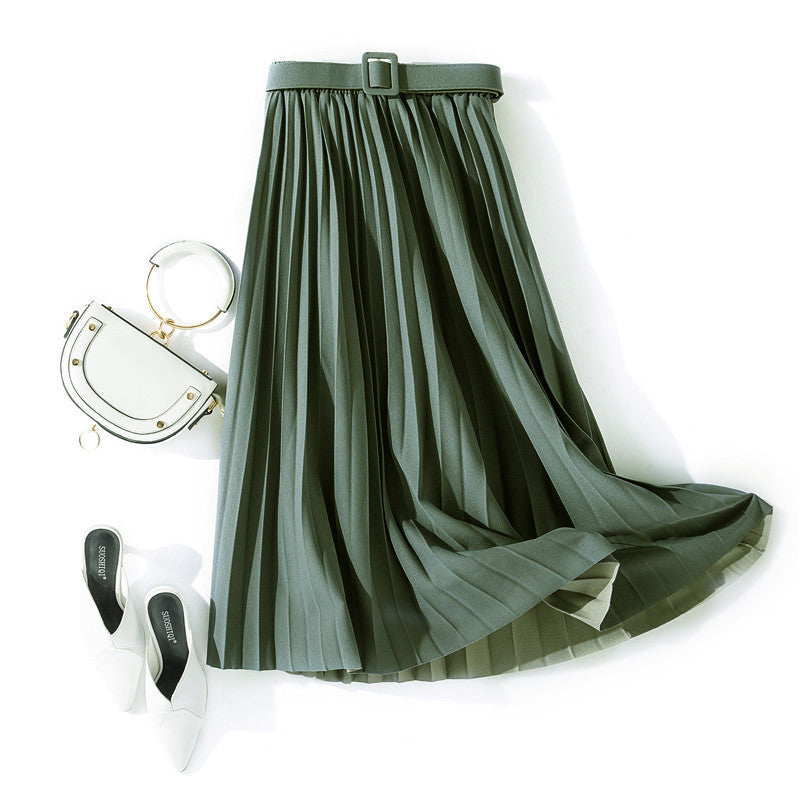 Solid Color Simple Organ Pleated Skirt Mid-length Skirt