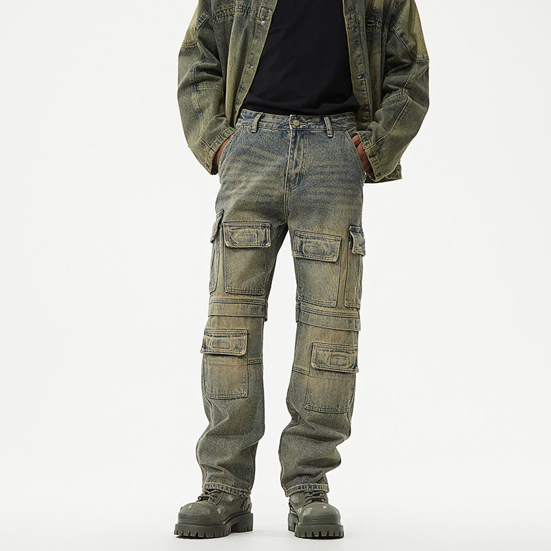 Washed Worn Jeans Men's Multi-pocket Loose Trousers