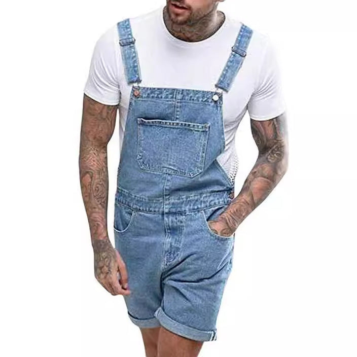 Retro Men's Denim With Hole Shorts One-piece Working Bib Top Pants