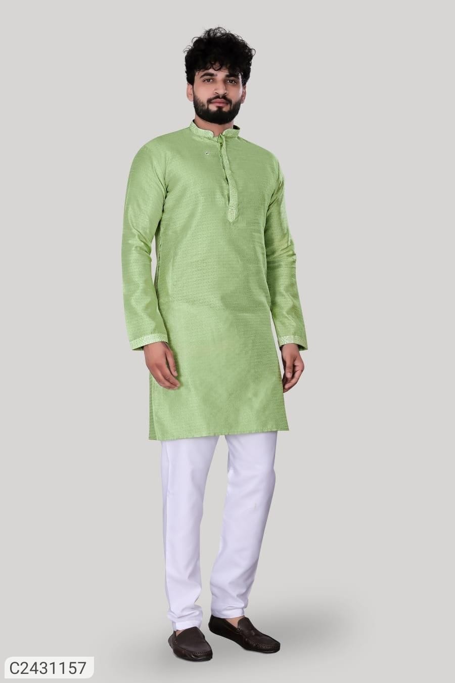 Men's Jacquard Solid Kurta Pyjama Set – Green