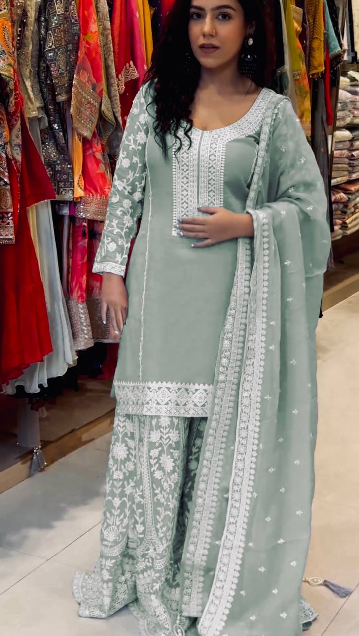 stylish Heavy Embroidery Strap Stched Work Top - Palazzo with Dupatta