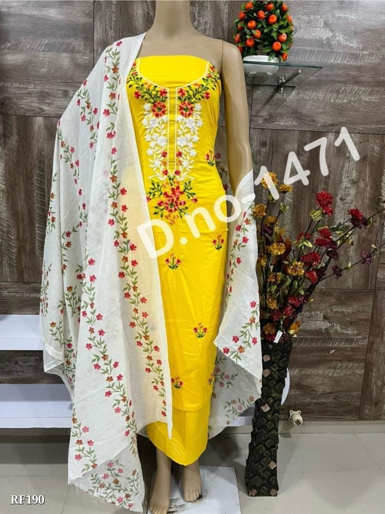 Pure Cotton Dress Material with Embroidery Work and Fancy Print - Elegant Fabric for Stunning Outfits