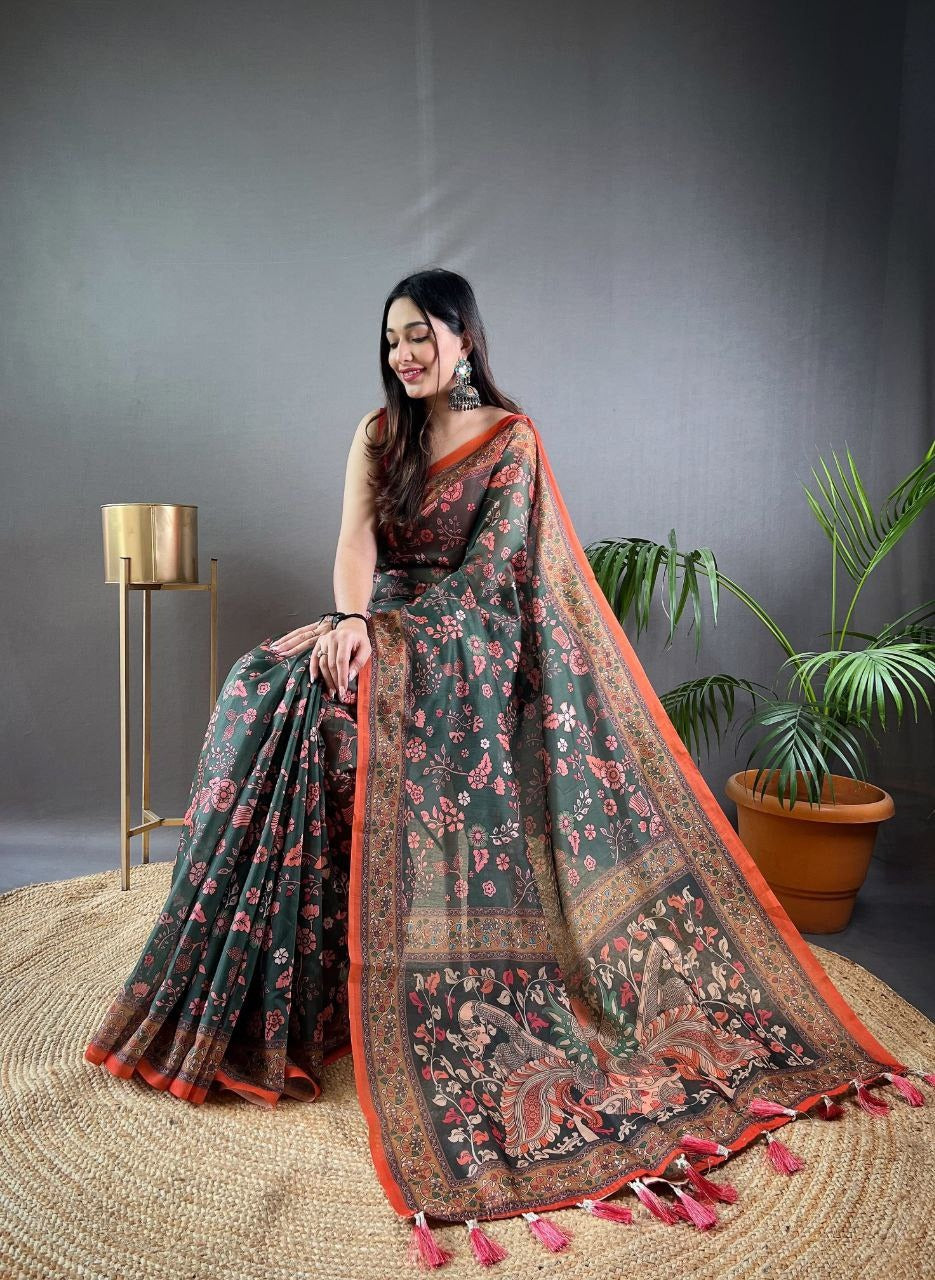 Fresh Arrival ❤️ Pure Malai Cotton Saree with Kalamkari Prints & Contrast Pallu |03
