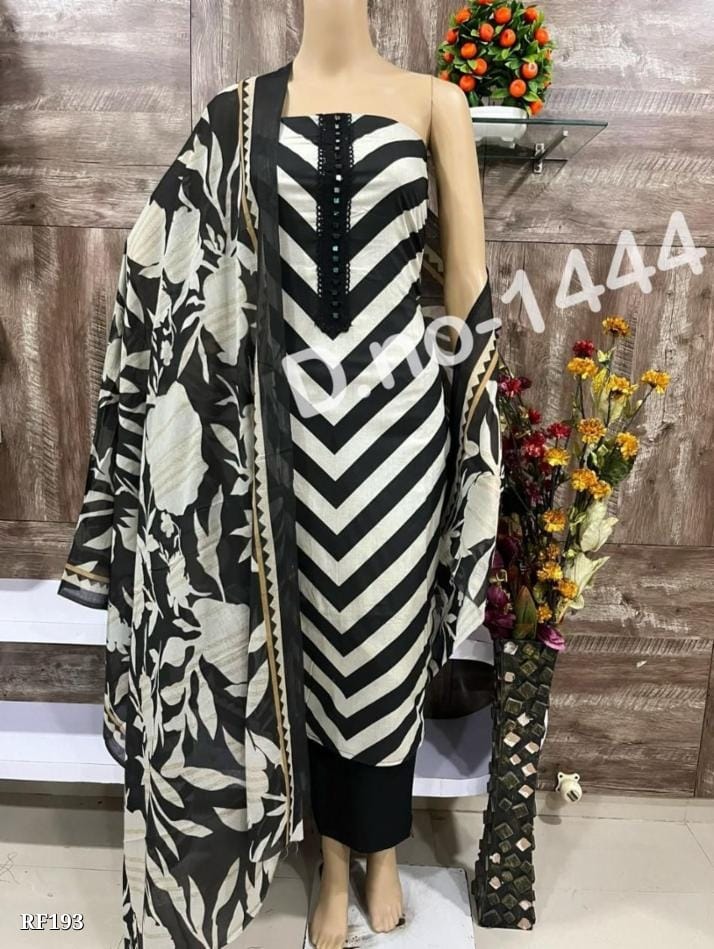 Pure Cotton Dress Material with Embroidery Work and Fancy Print - Top, Bottom, and Dupatta Set