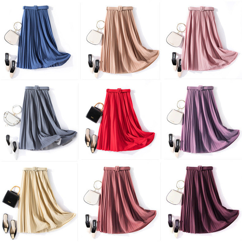 Solid Color Simple Organ Pleated Skirt Mid-length Skirt