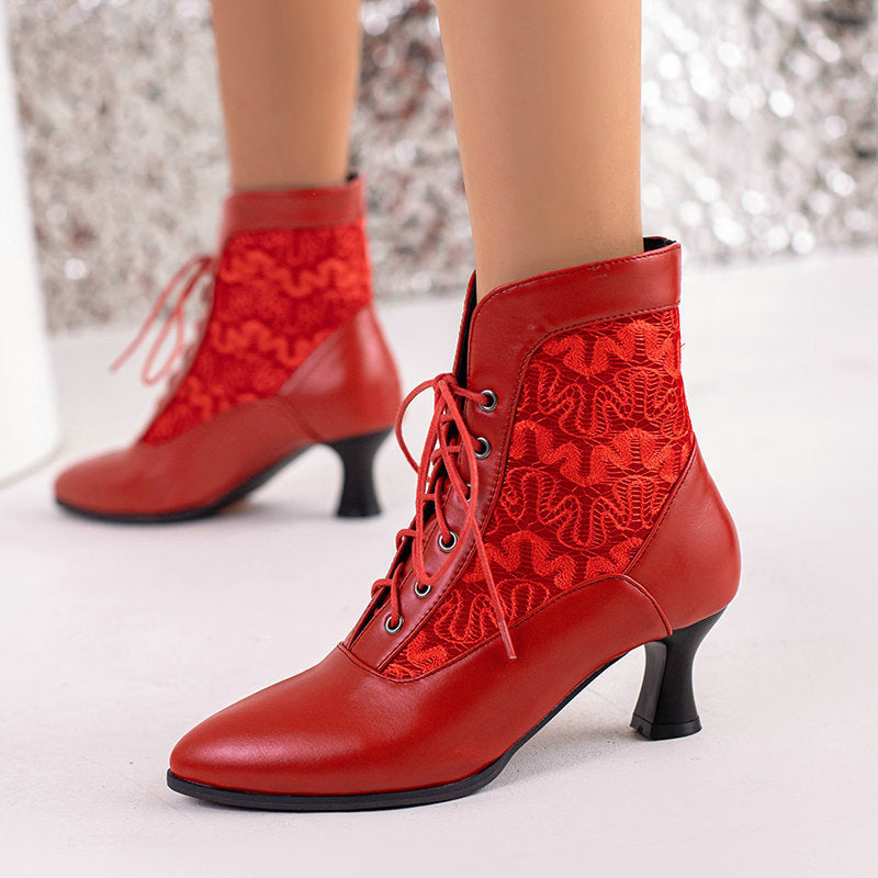 Kitten Heel Booties Women's Autumn And Winter Lace Hollow-out Front Lace-up