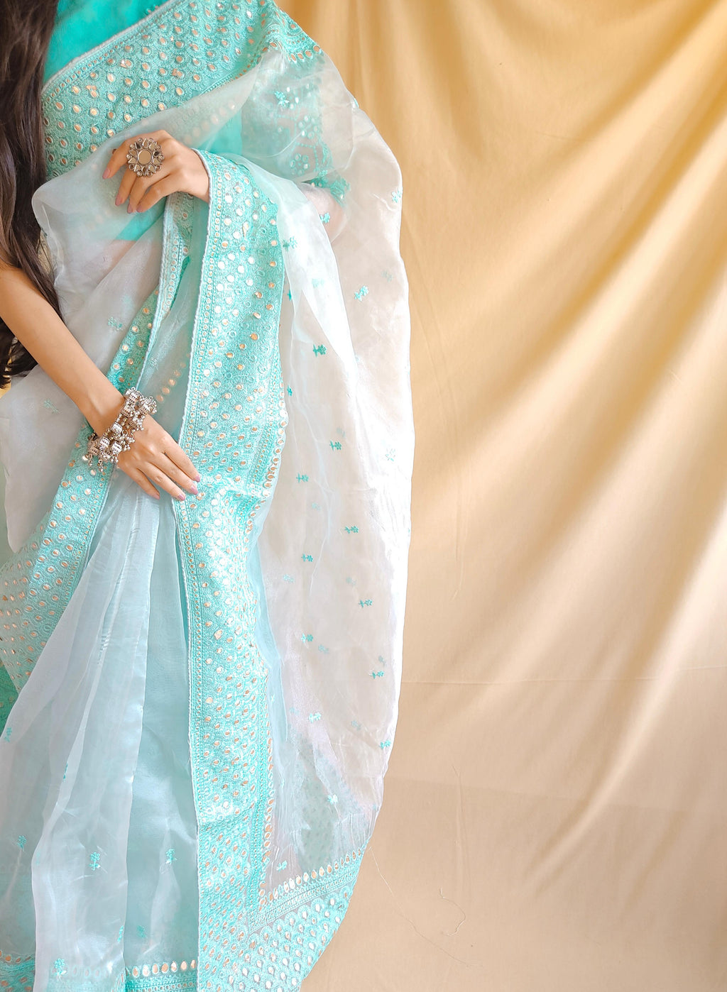 Semi-Pure Organza Saree with Foil Glass Work & Heavy Embroidery | Includes Matching Plain Silk Blouse