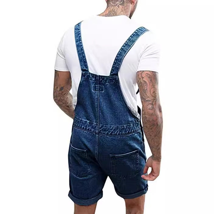 Retro Men's Denim With Hole Shorts One-piece Working Bib Top Pants