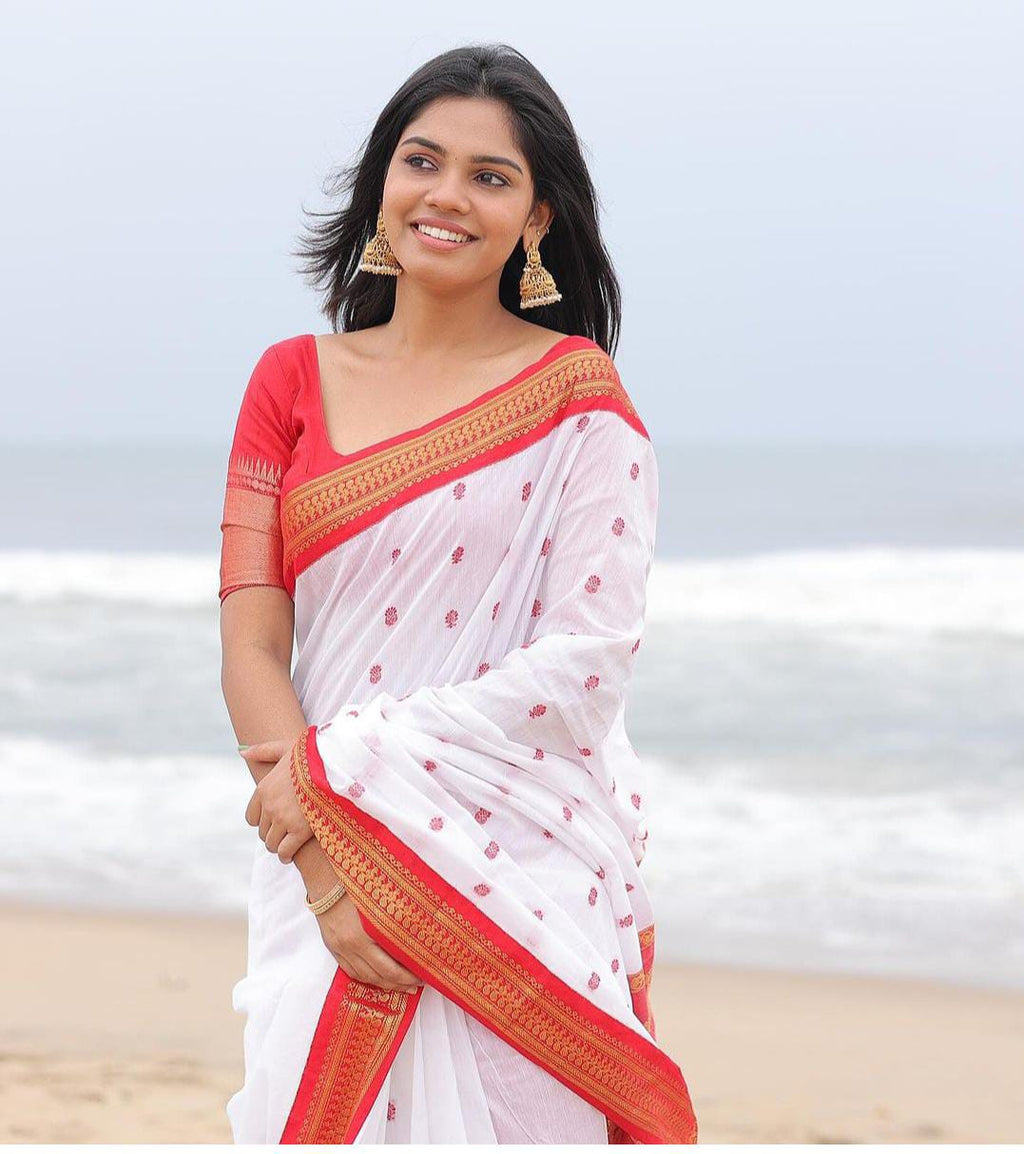Kalyani Cotton Pattu White Sarees - Soft, Smooth & Eye-Catching Colors with Contrast Blouse