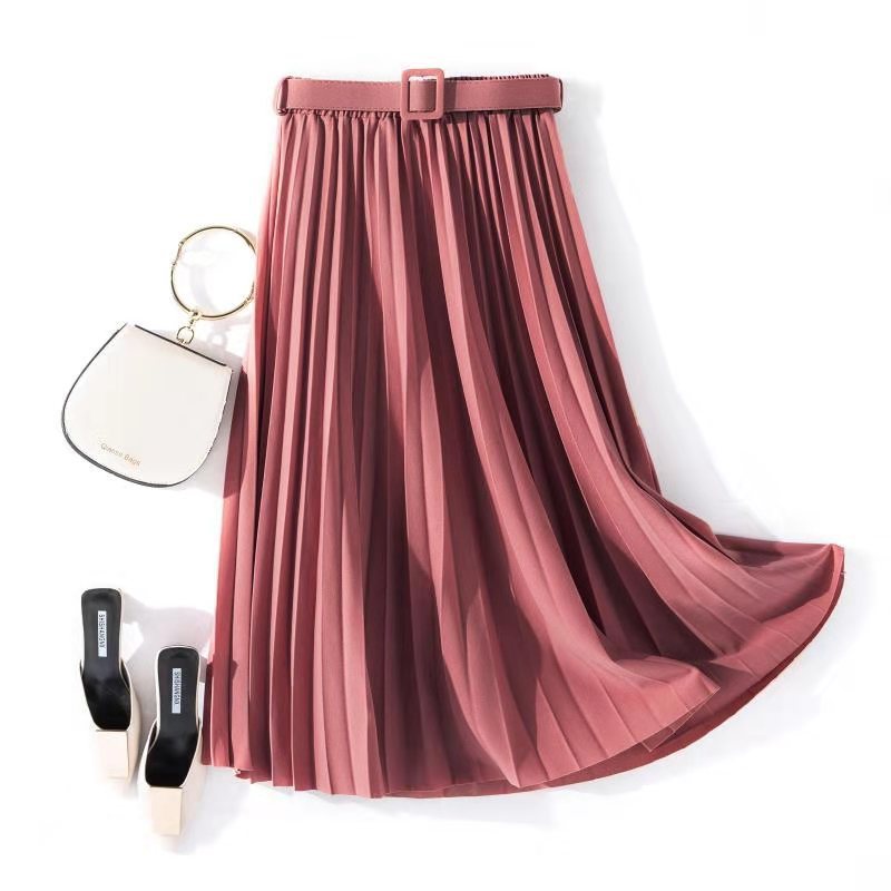 Solid Color Simple Organ Pleated Skirt Mid-length Skirt