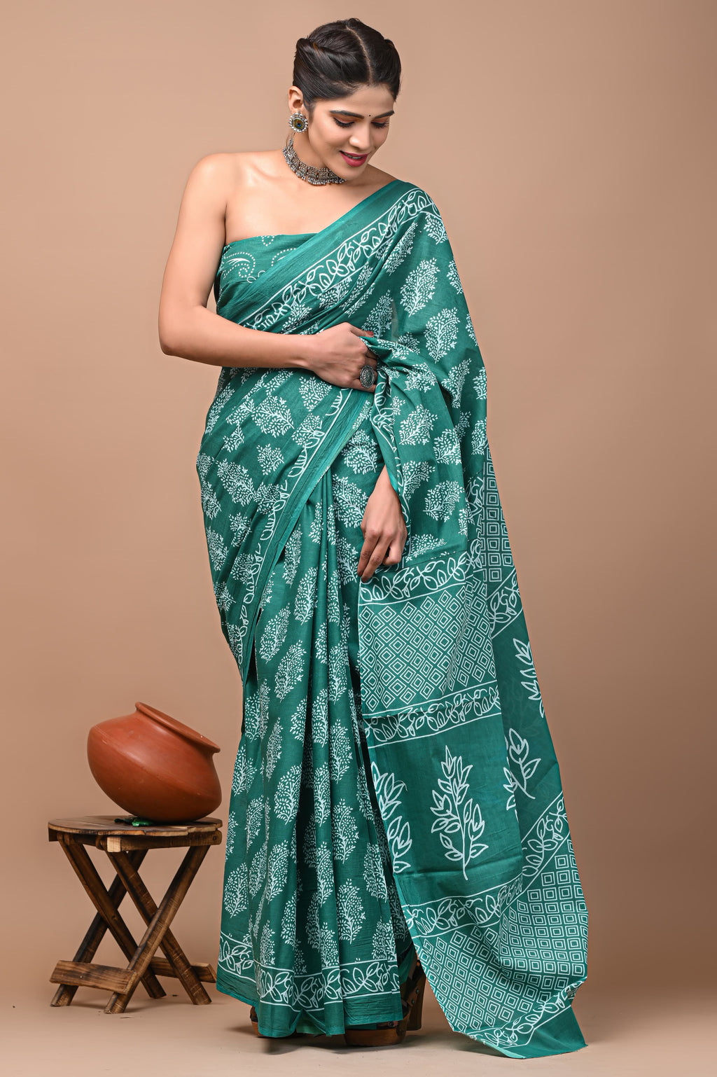 Hand Block Printed Cotton Mulmul saree Code 05