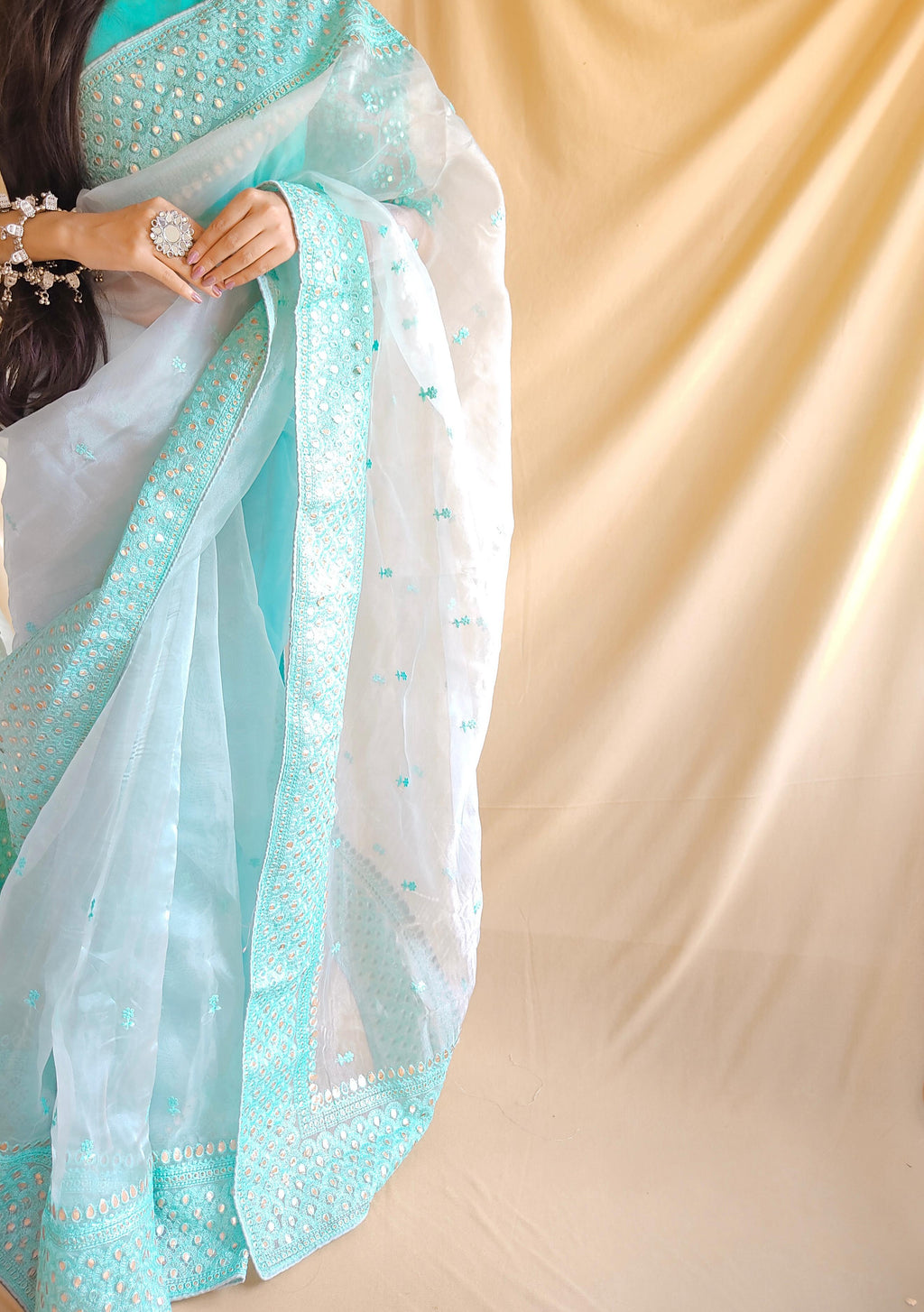 Semi-Pure Organza Saree with Foil Glass Work & Heavy Embroidery | Includes Matching Plain Silk Blouse