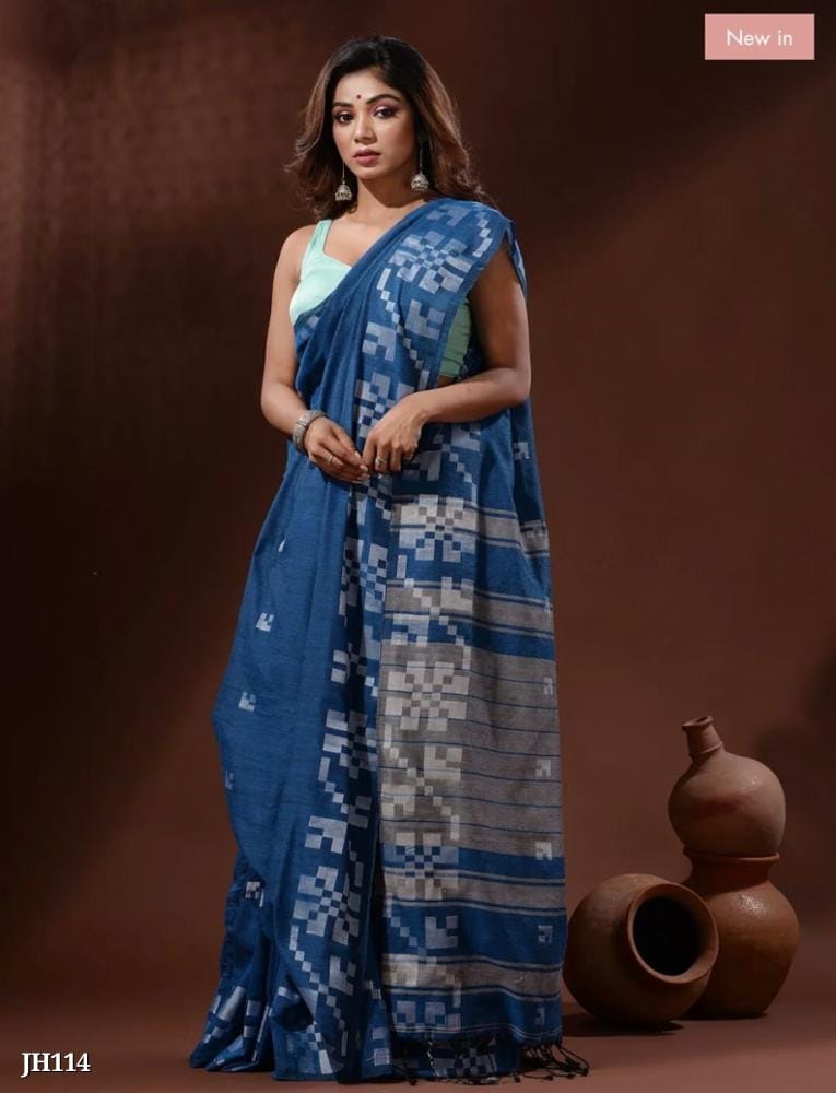 Self  Handloom Cotton Blend Saree  (Blue) JH114