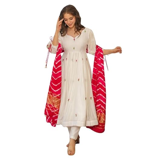 Women's Georgette Anarkali Embroidery Work Kurta Pent With Printed Dupatta Set