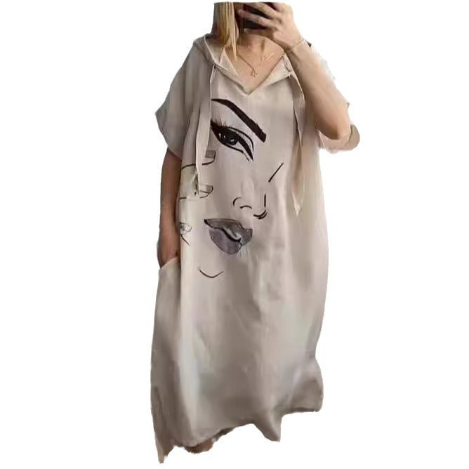 Loose Hooded Face Heat Transfer Patch Dress