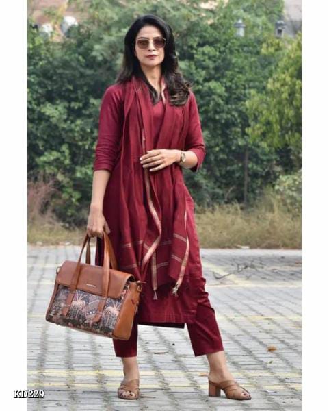 Beautiful Cotton Plain Kurta Pant Set with Maroon Chanderi Dupatta