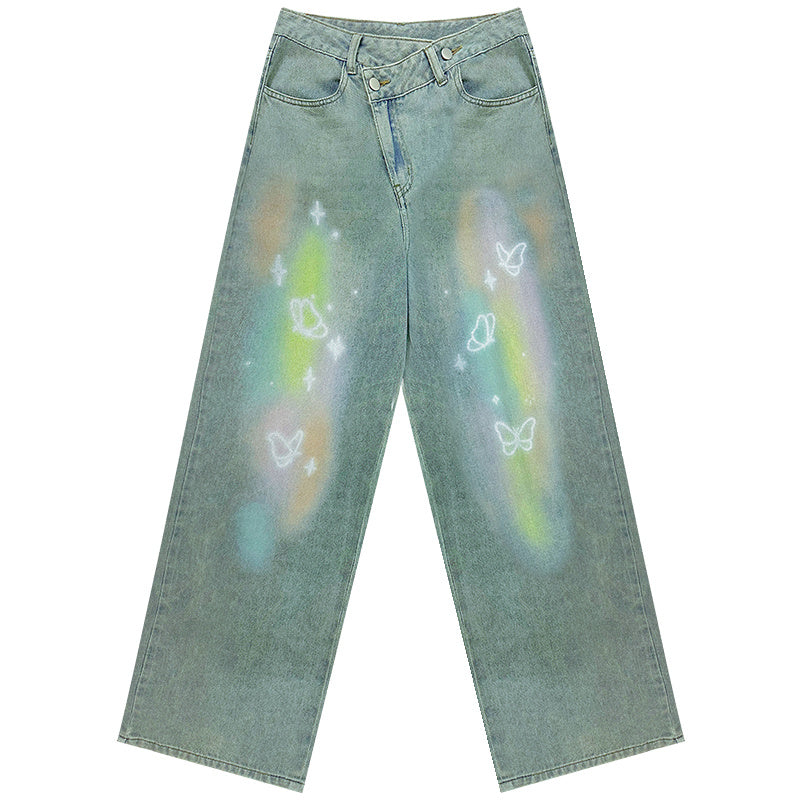 Retro Colorized Butterfly High Waist Wide Leg Straight Jeans